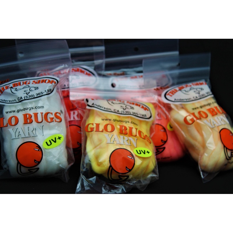 Glo-Bug Yarn|Flame|Salmon Egg|Egg|Pink Lady|Peachy King|White|Lt. Roe|Oregon Cheese|Apricot Supreme|Golden Nugget|Cream Delight|Dk. Roe|Steelhead Orange|Alaskan Roe|Shrimp Pink|Cherise|Baby Pink|Sockeye|Cotton Candy