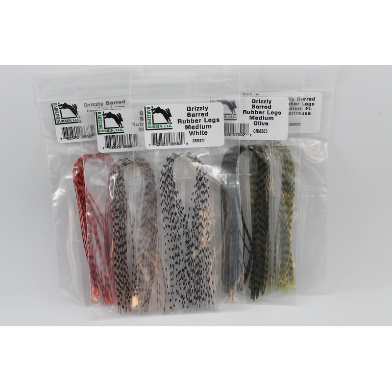 Grizzly Barred Rubber Legs|Medium|Fl. Chartreuse|Gray|Natural|Neon Orange|Olive|Tan|White