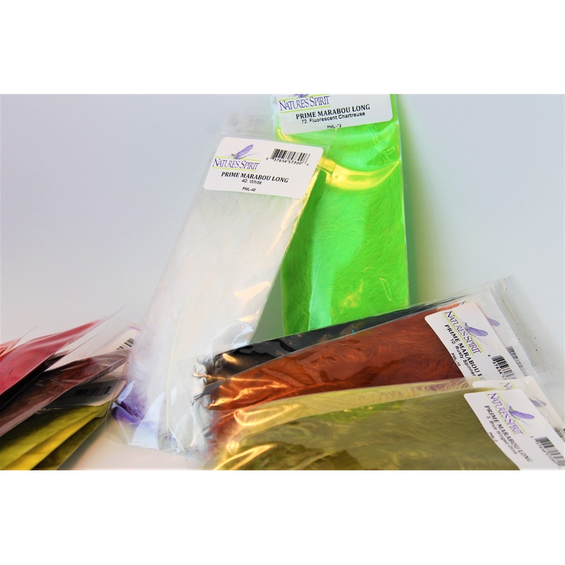 Prime Marabou Long|Pale Morning Dun|Brown Olive|Olive|Lt. Olive|Rusty Spinner|Yellow|Tan|Brown|Red|Orange|Black|White|Fl. Chartreuse|Fl. Purple