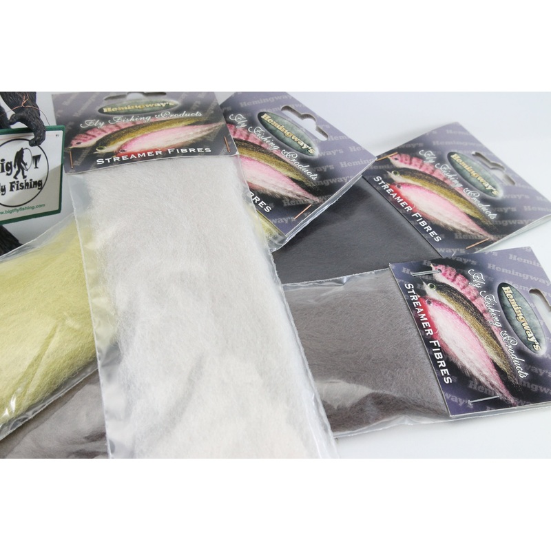 Hemingway’s Streamer Fibres|White|Light Yellow|Dark Brown|Light Brown|Black|Chartreuse|Dark Olive|Olive|Lt. Olive|Silver Gray|Polar White