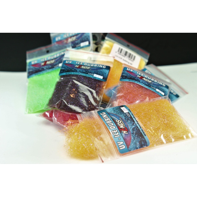 Hends UV Ice Dubbing|White 1|Fl. Yellow 2|Chatreuse 3|Fl. Hot Orange 4|Salmon Orange 5|Pink 6|Pink/Red 7|Red 8|Vine Red 9|Cinnamon 10|Lt. Blue 11|Blue 12|Violet/Lt. Red 13|Violet 14|Black 15|Black/Blue 16|Bright Violet 17|Gray 21|Olive 32|Rusty Brown 35|F