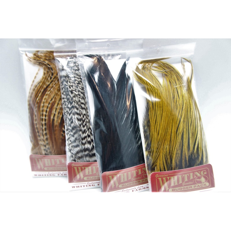 Whiting Bugger Pack|Natural Grizzly|Black|Badger Golden Olive|Barred Dark Ginger|Grizzly dyed Olive
