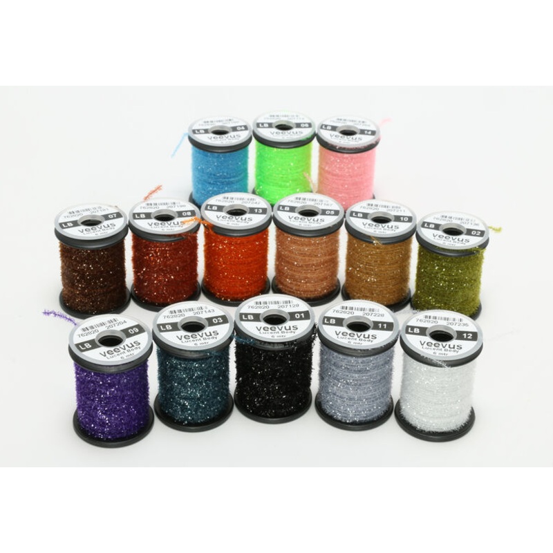 Veevus Lucent Body|Black |1|Blue |4|Bright Purple |9|Brown Stone |7|Chartreuse |6|Clear |12|Copper Brown |8|Dun Grey |11|Golden Stone |10|Olive |2|Orange |13|Peacock |3|Pink |14|Tan |5