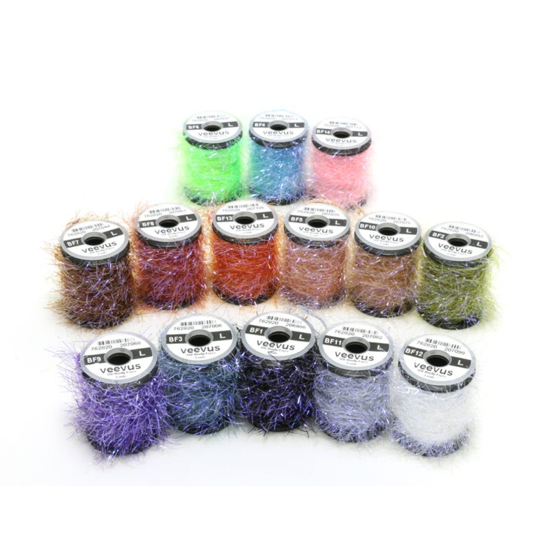 Veevus UV Body Fuzz|Black |1|Blue |4|Bright Purple |9|Brown Stone |7|Chartreuse |6|Clear |12|Copper Brown |8|Dun Grey |11|Golden Stone |10|Olive |2|Orange |13|Peacock |3|Pink |14|Tan |5|Small|Large