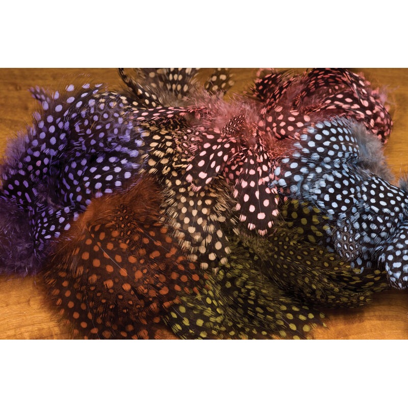 Strung Guinea Feathers|Baby Blue|Chartreuse|Claret|Highlander Green|Hot Pink|Lavender|Natural|Olive|Orange|Purple|Red|Rusty Brown|Shrimp Pink|Silver Doctor Blue|Tan|Yellow